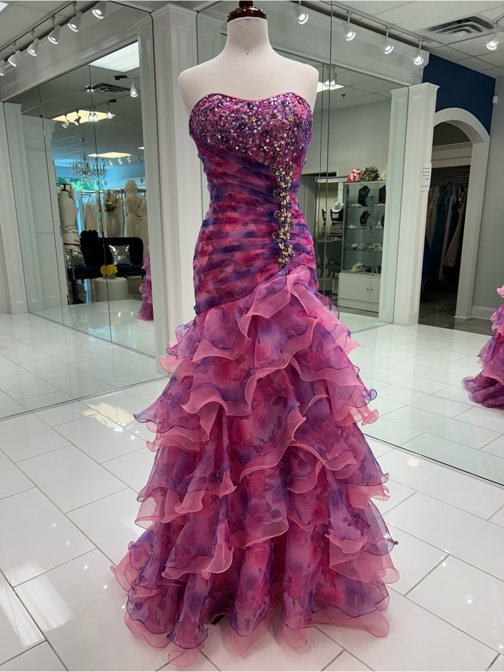 Strapless Pink & Purple Ruffled Gown